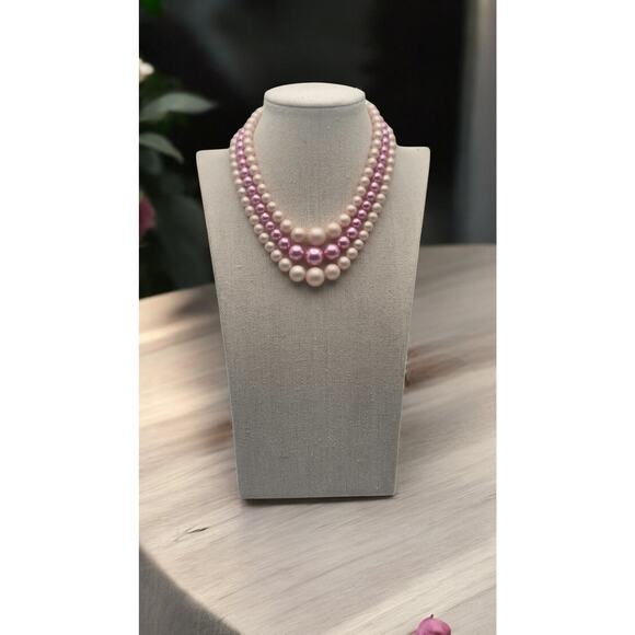 Vintage Mid Century Signed "Japan" Pink Faux Pearl Beaded Multi Strand Necklace - Picture 4 of 6